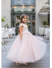 Pink Floral Appliques Tulle Romantic Flower Girl Dress